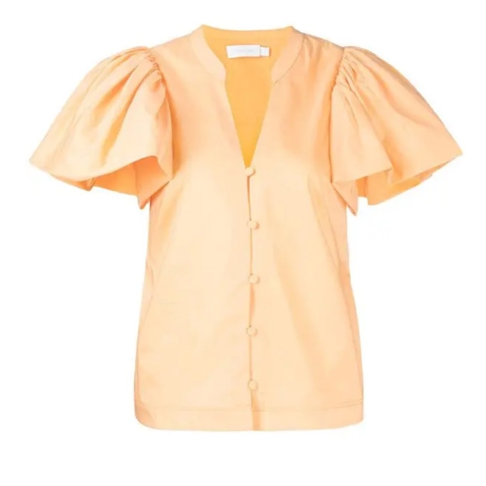 Jonathan Simkhai Hallie Puff-Sleeve Blouse Size L Apricot Button Down Top Chic